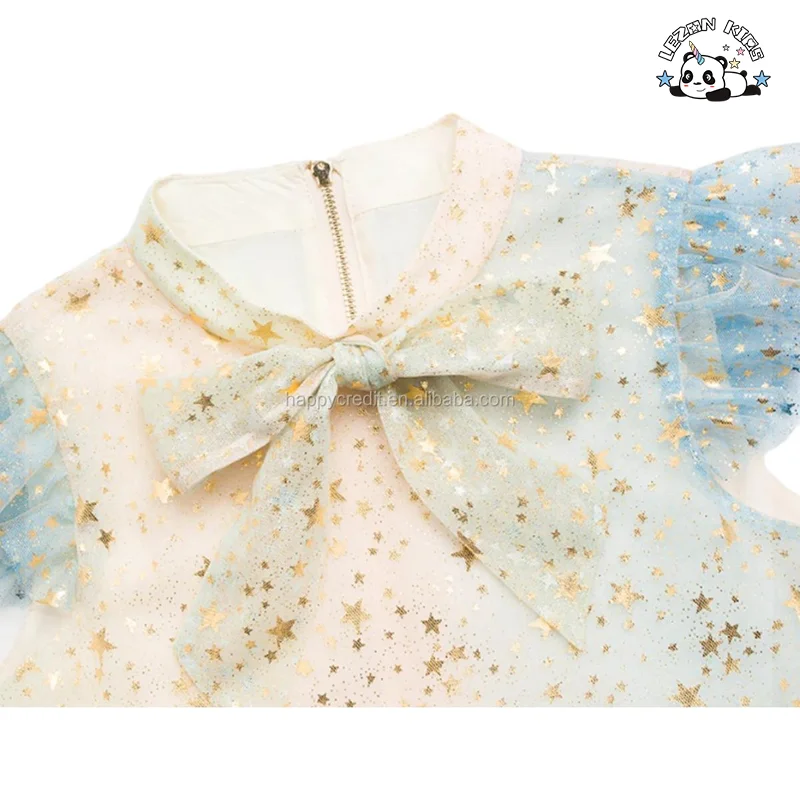 LEZONKIDS - 2024 OEM ODM Gold Star Foil Print Rainbow Bow High Collar Elegant Layers Girls Tulle Dress